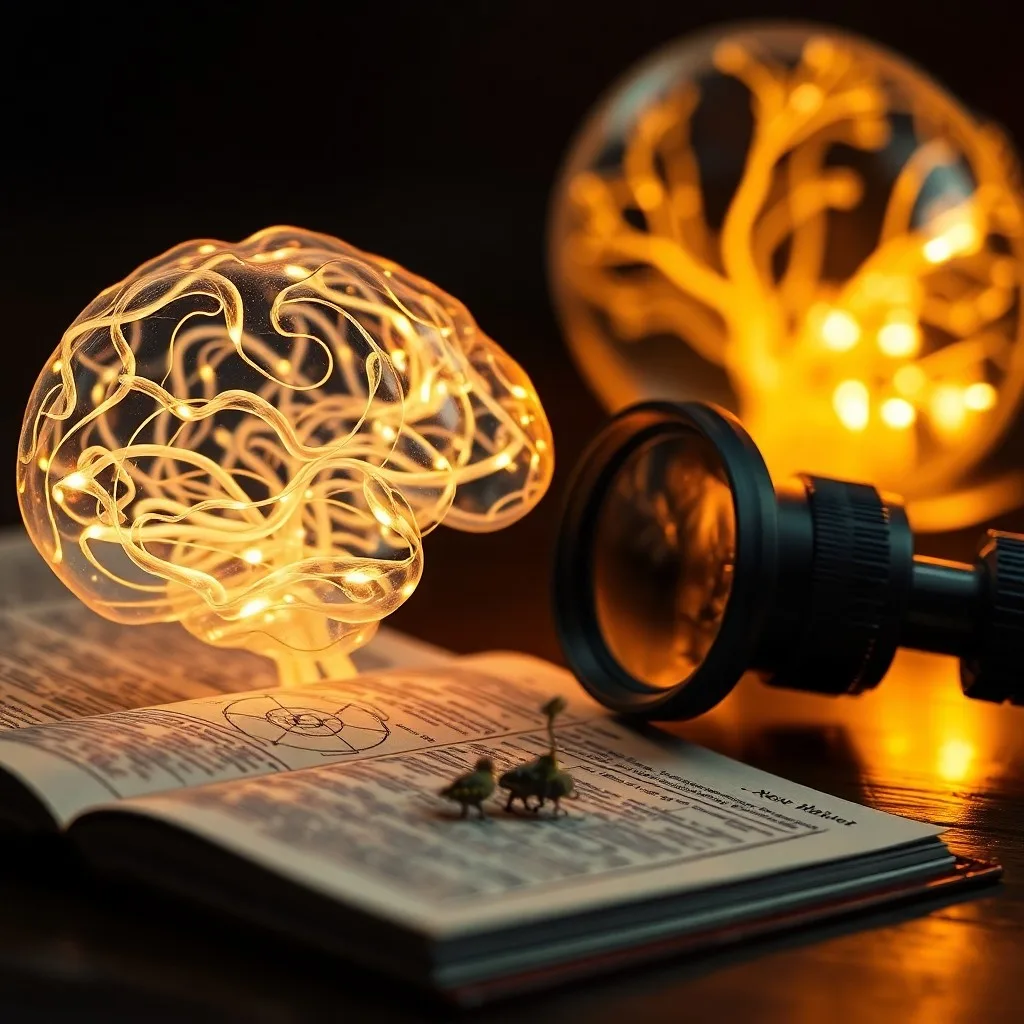 Fotografía de bodegón de un libro de texto antiguo abierto con dibujos anatómicos detallados del cerebro, rodeado de formas geométricas coloridas.