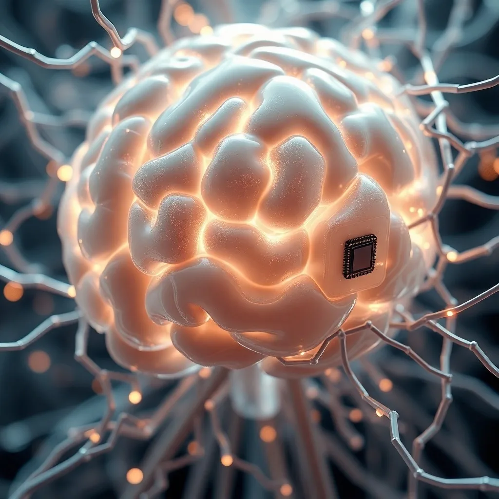 Fotografía cinematográfica de naturaleza muerta de una mano protésica futurista, detallada, de cromo pulido y cables intrincados, descansando sobre terciopelo oscuro, con luz azul sutil emanando de sus articulaciones.