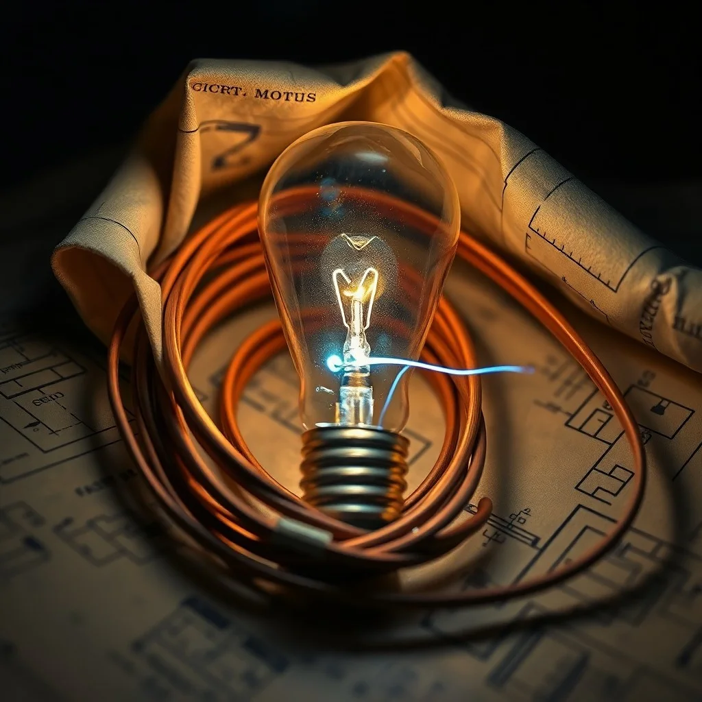 Modelo detallado de un motor de inducción antiguo sobre un escritorio de madera, con planos y esquemas eléctricos a su alrededor, iluminado suavemente para resaltar los componentes.