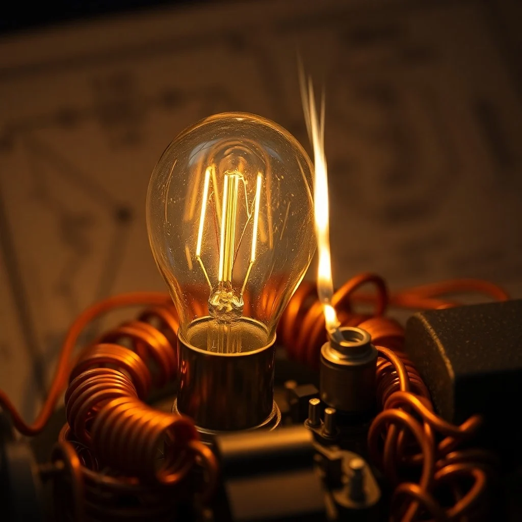 Representación conceptual de ondas electromagnéticas etéreas que se irradian desde una réplica en miniatura de la Torre Wardenclyffe, con un aura de energía azul y púrpura.