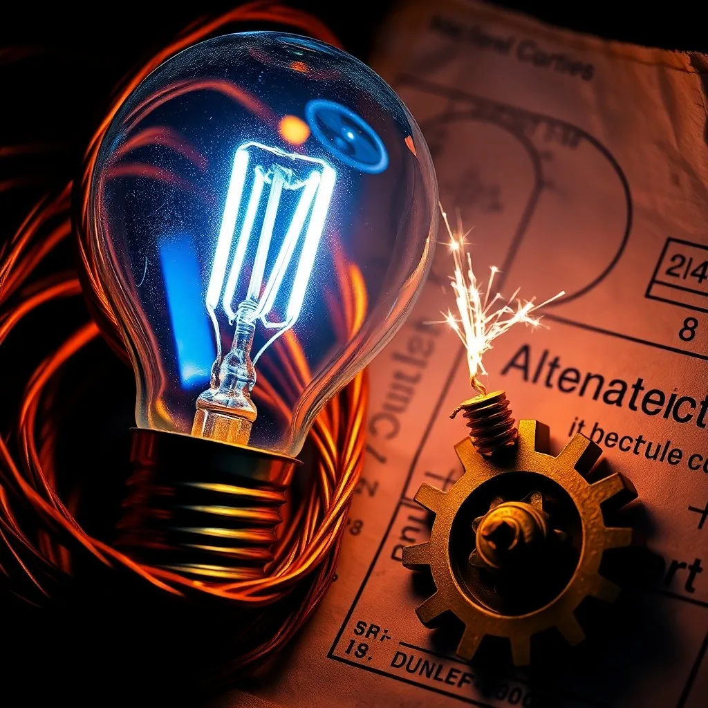 Un escritorio antiguo de madera, con planos detallados de circuitos eléctricos y un motor de inducción parcialmente desarmado. Una lámpara de gas parpadeante ilumina la escena, creando sombras dramáticas. Revistas científicas descoloridas y un cuaderno con ecuaciones complejas completan la composición.