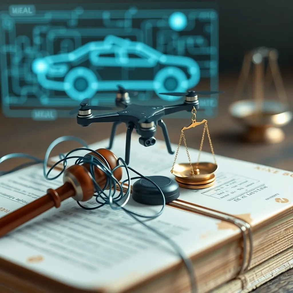 Render 3D de documentos legales y líneas de código entrelazándose alrededor de un coche autónomo en miniatura sobre un escritorio oscuro.