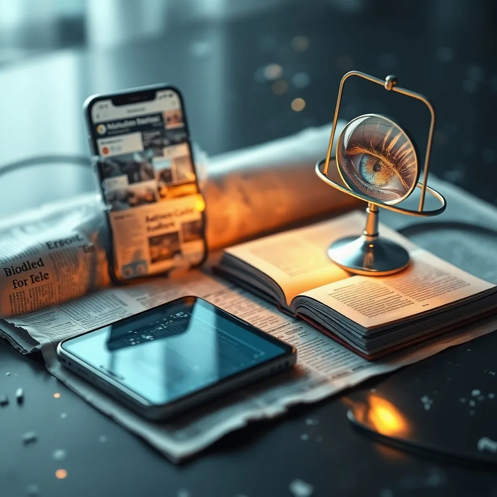 Escritorio con laptop, periódicos y smartphone, simbolizando la sobrecarga de información.