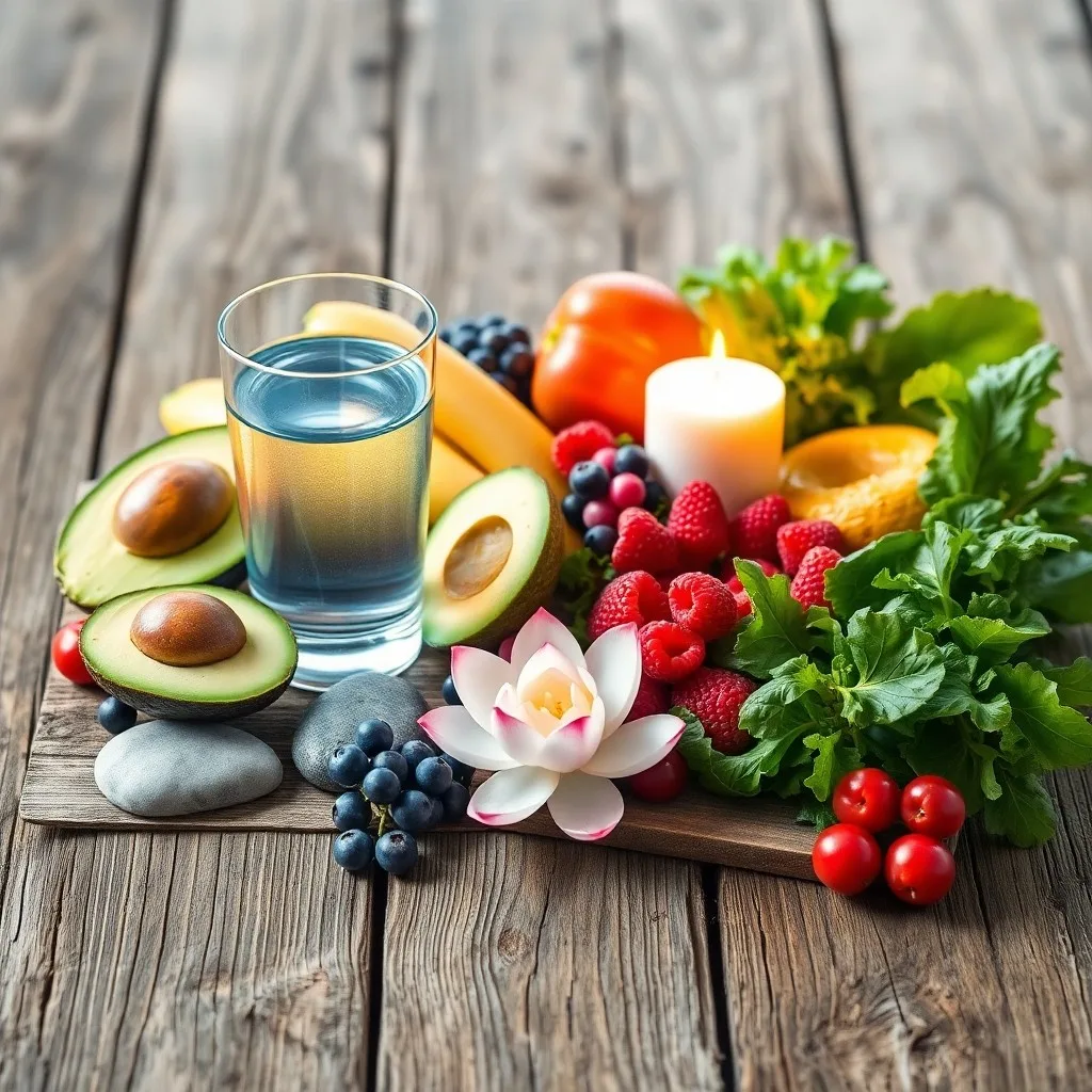Bodegón cinematográfico de una mesa de madera rústica con productos orgánicos frescos y una taza de té de hierbas humeante, simbolizando la alimentación natural.
