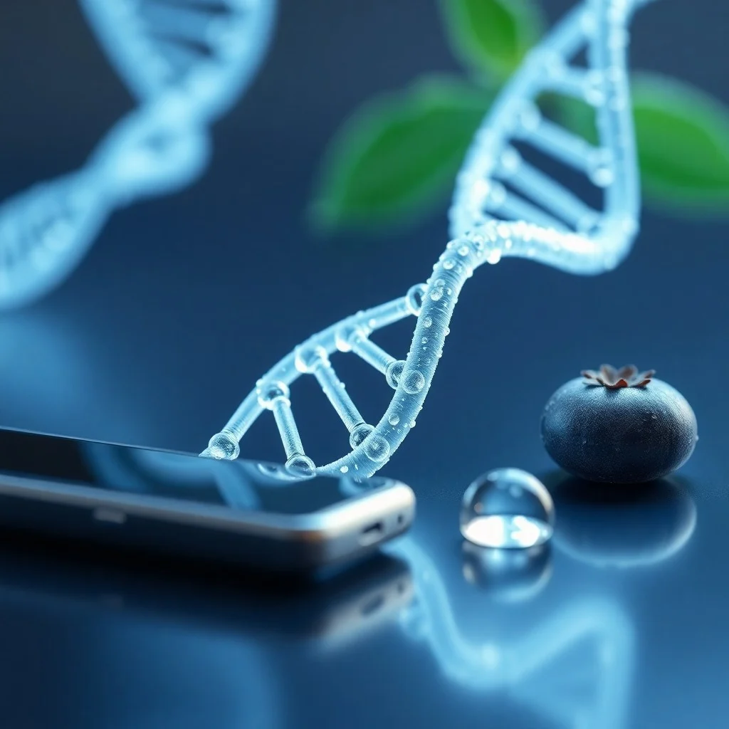 Escritorio con tablet mostrando datos genómicos, instrumentos científicos y alimentos saludables