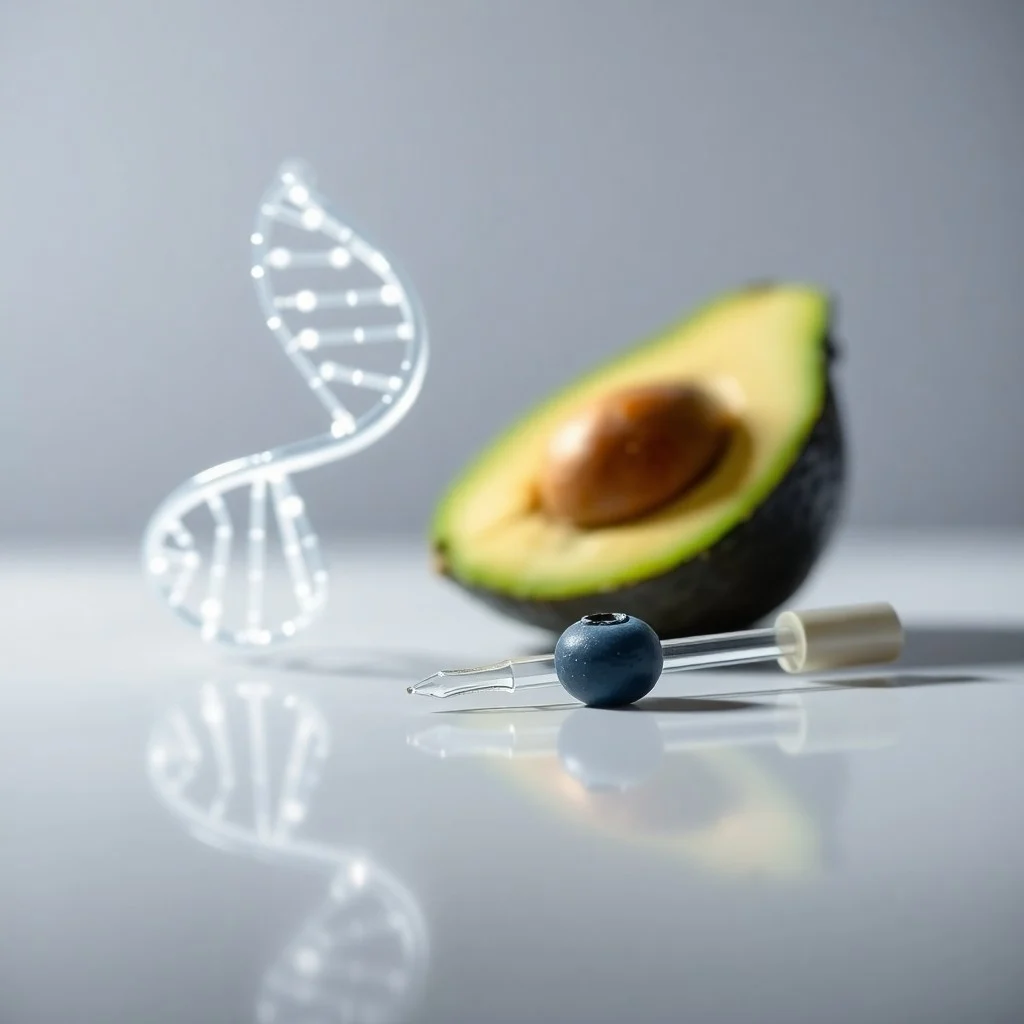 Render 3D isométrico de una cocina minimalista con un plan de comidas holográfico y herramientas de medición precisas