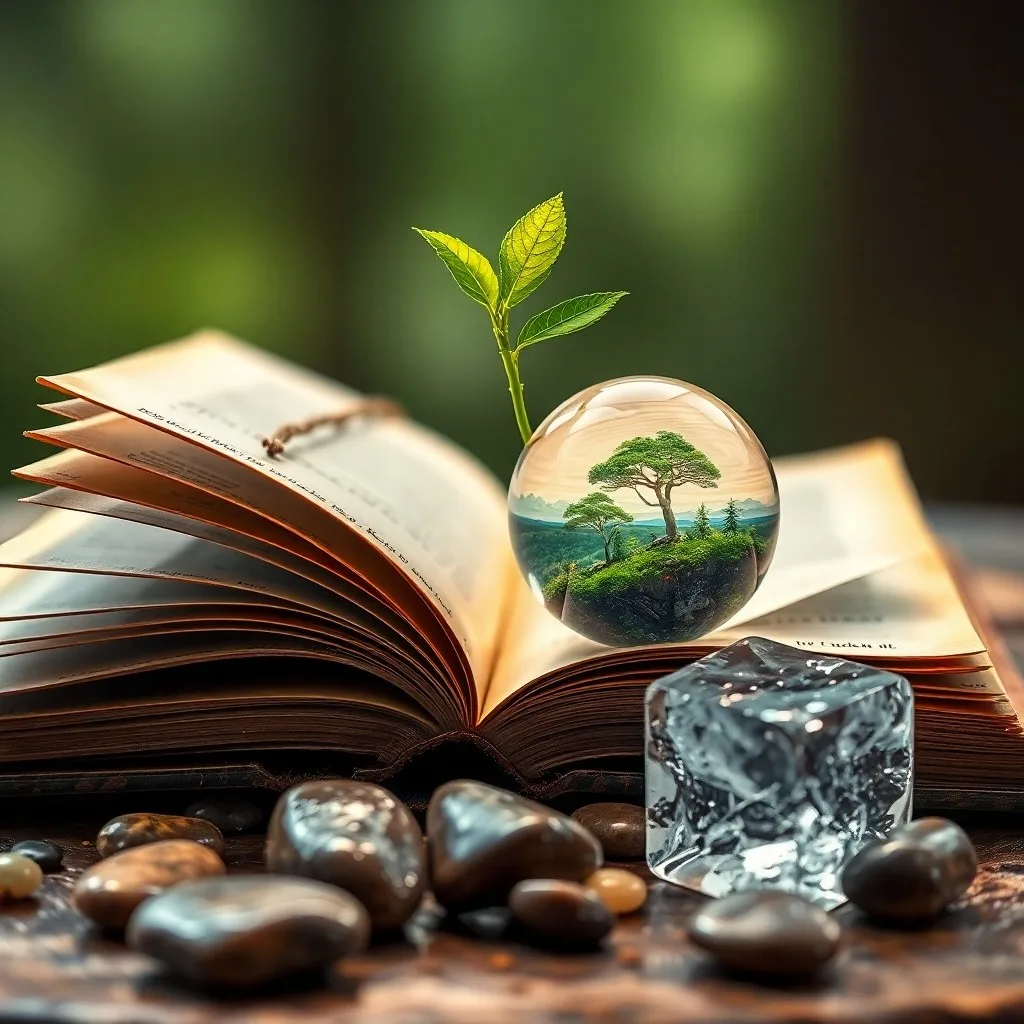 Bodegón cinematográfico con un atlas antiguo abierto, una lupa sobre una plántula brotando, libros sobre ecología y un modelo de panel solar, iluminado por luz natural.