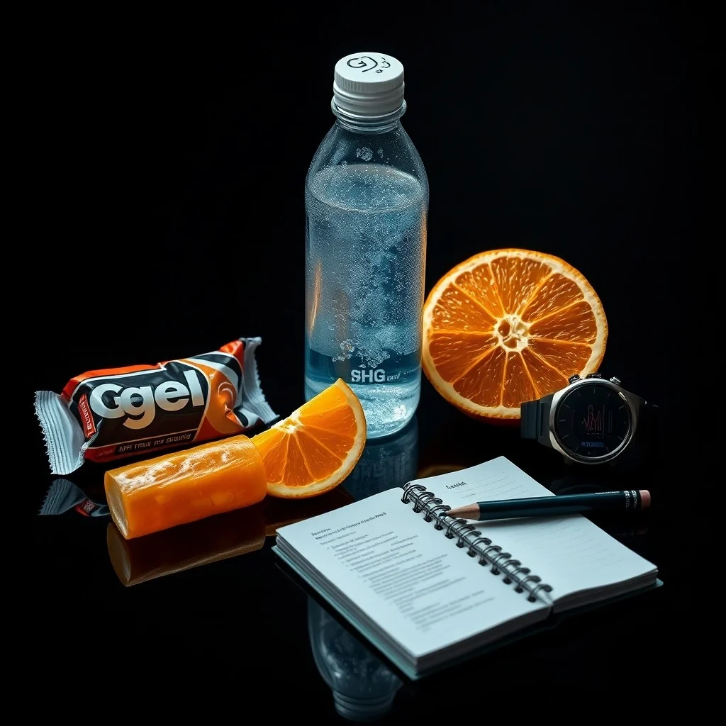 Primer plano de instrumentos científicos en un escritorio, incluyendo una balanza digital, un vaso de precipitados y un reloj deportivo, simbolizando la precisión en la preparación atlética.