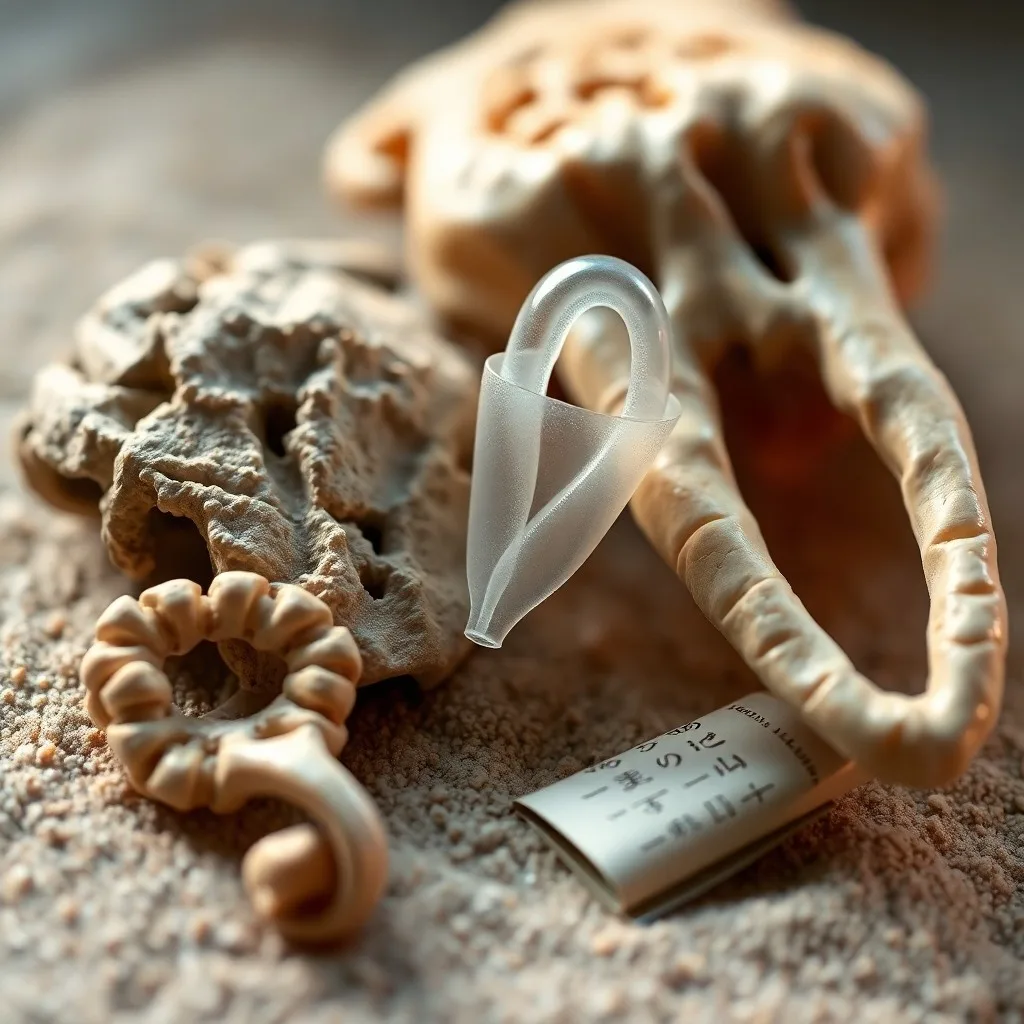 Fotografía macro de un hueso hioides de neandertal y herramientas de piedra antiguas, simbolizando la anatomía vocal y la tecnología prehistórica.