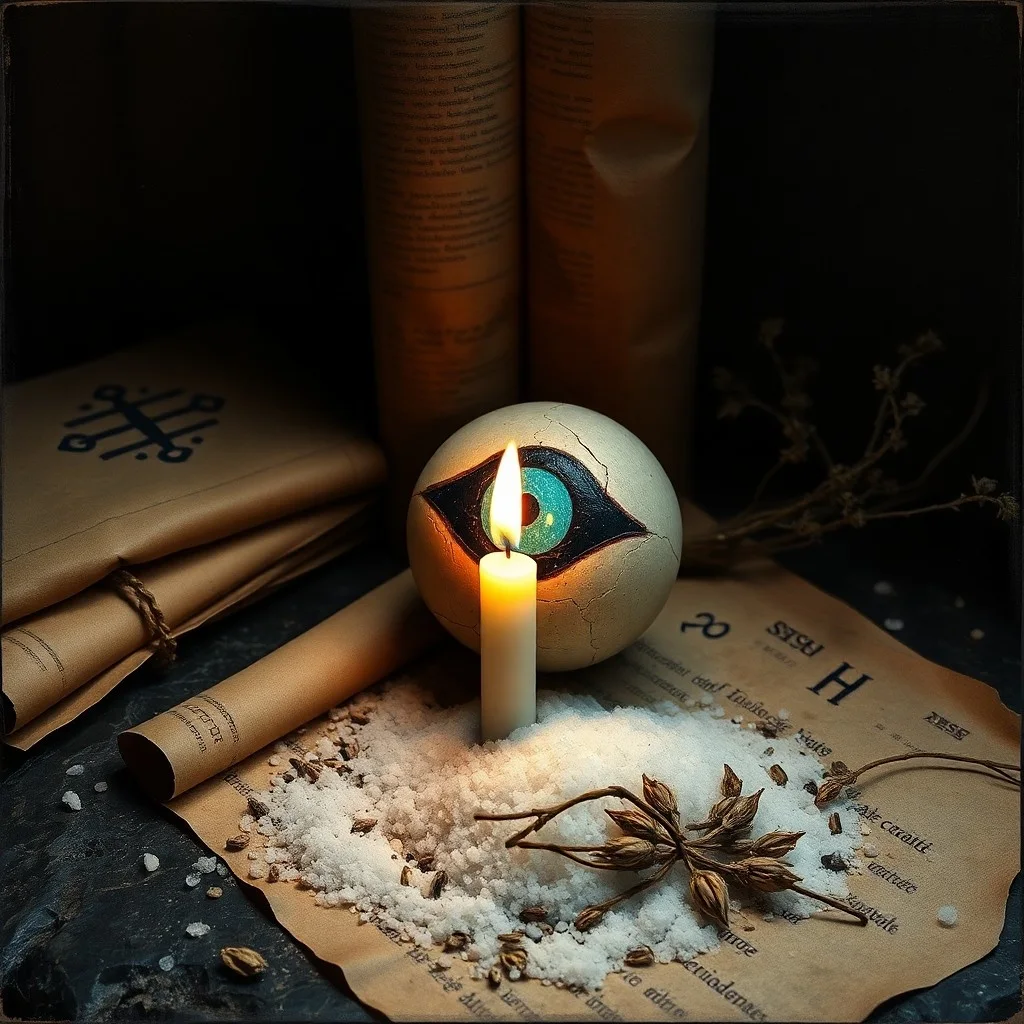 Bodegón con libro antiguo, espejo roto, hierbas y moneda de plata