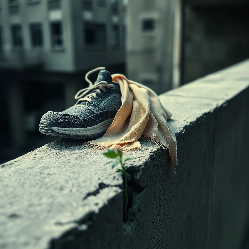 Fotografía de bodegón cinematográfico de un par de zapatillas deportivas gastadas en el borde de una azotea de hormigón al amanecer, con vistas a una ciudad. Un pequeño cuaderno desgastado con notas filosóficas sobre la libertad y el movimiento descansa a su lado. La iluminación de la hora dorada crea largas sombras y una sensación de contemplación tranquila y preparación.
