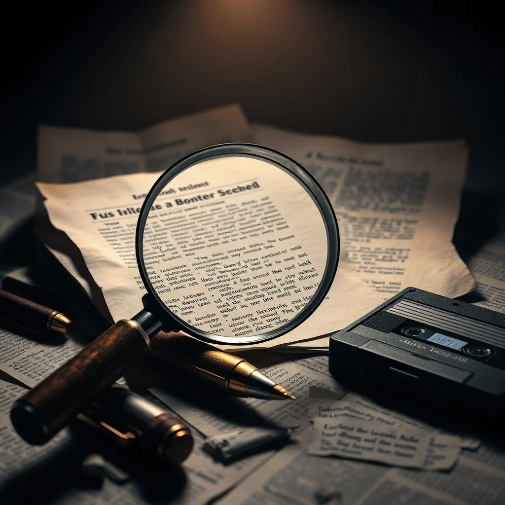 Escritorio antiguo con recortes de periódico, una grabadora vintage y una tablet moderna, simbolizando la evolución de las herramientas de investigación periodística