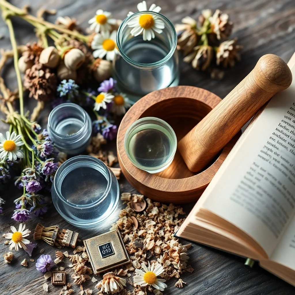 Fotografía macro de hierbas medicinales secas como raíz de valeriana y cúrcuma, junto a un mortero y pestillo sobre una mesa de madera antigua.
