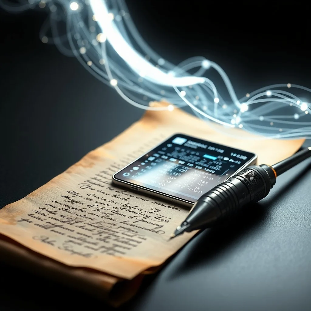 Fotografía vintage de un bodegón meticulosamente arreglado en un escritorio de madera desgastada: una pluma de ave sobre un pergamino, un libro antiguo abierto con ilustraciones descoloridas y un pequeño cuerno de mensajero intrincadamente tallado.