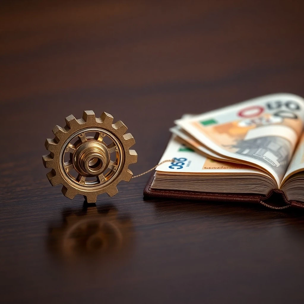 Fotografía cinematográfica de un libro de contabilidad abierto con cláusulas legales, junto a tarjetas de visita y un tintero antiguo en un escritorio de madera.