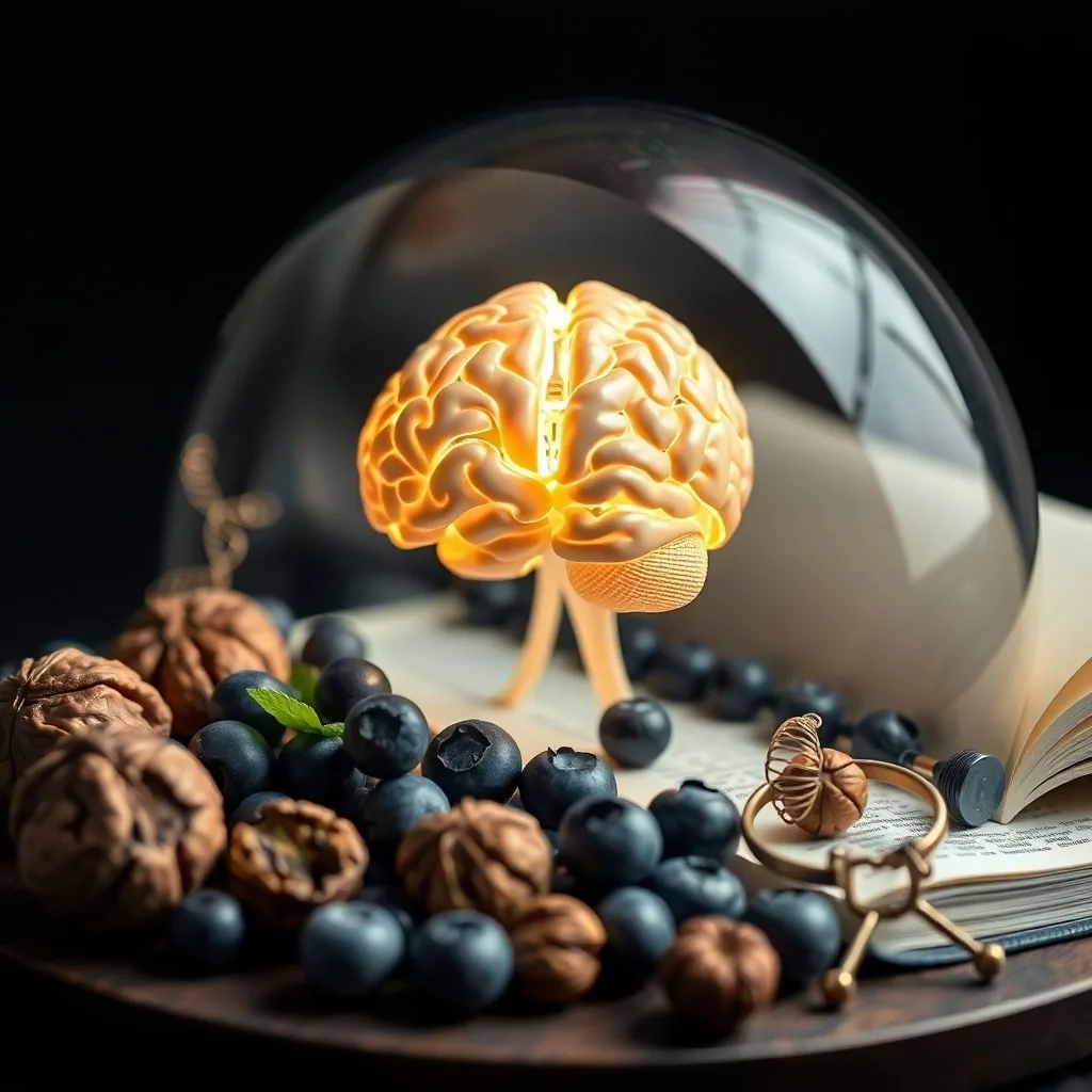 Fotografía de bodegón de un escritorio con un diario científico abierto, gafas de lectura y una planta, simbolizando la investigación y la salud cerebral.