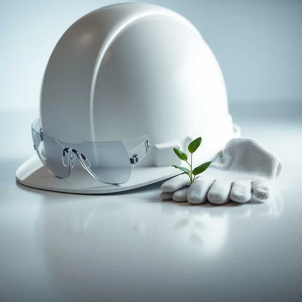 Planta de fábrica limpia con señales de seguridad, avatares de trabajadores abstractos cerca de maquinaria, entorno estéril.