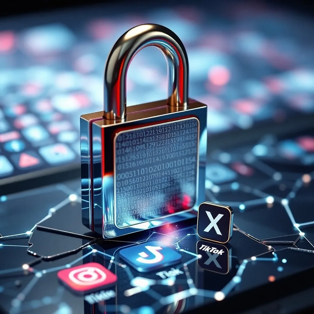 Arte conceptual de un escudo transparente y brillante protegiendo puntos de datos abstractos, rodeado de tentáculos digitales intrusivos.
