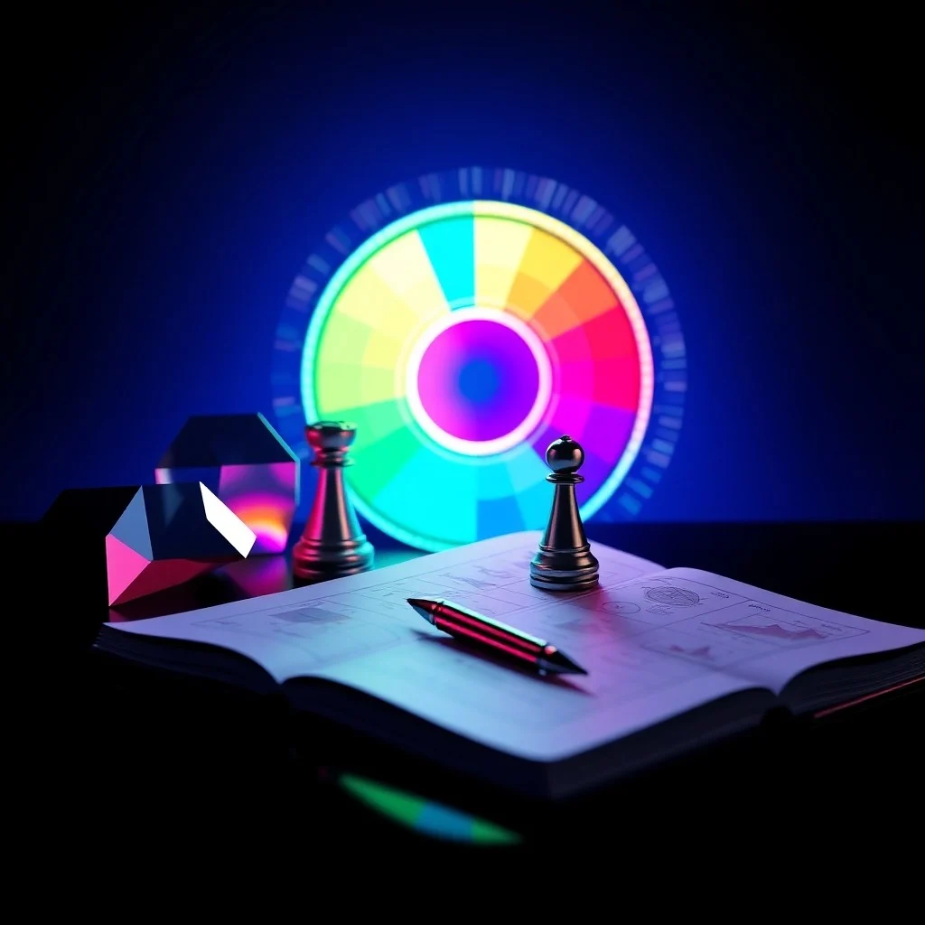 Bodegón de muestras de pintura y paletas de colores sobre un escritorio, con un portátil mostrando un logo.