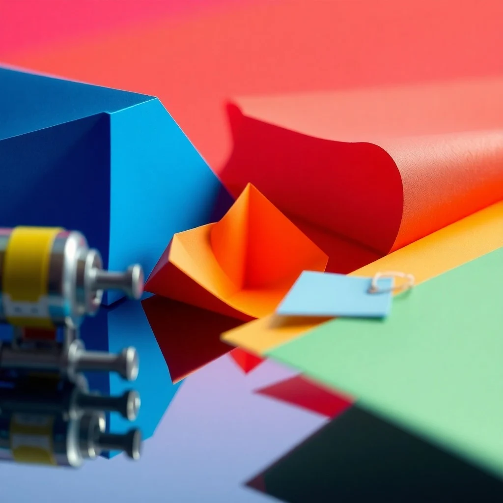 Carrito de compras blanco en un espacio abstracto con proyecciones de luces de colores.