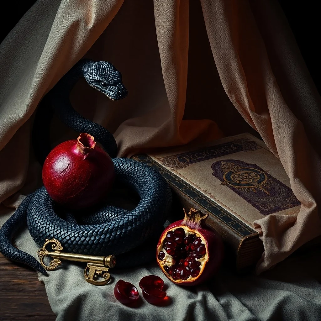 Still life of an ancient grimoire and a thorny rose