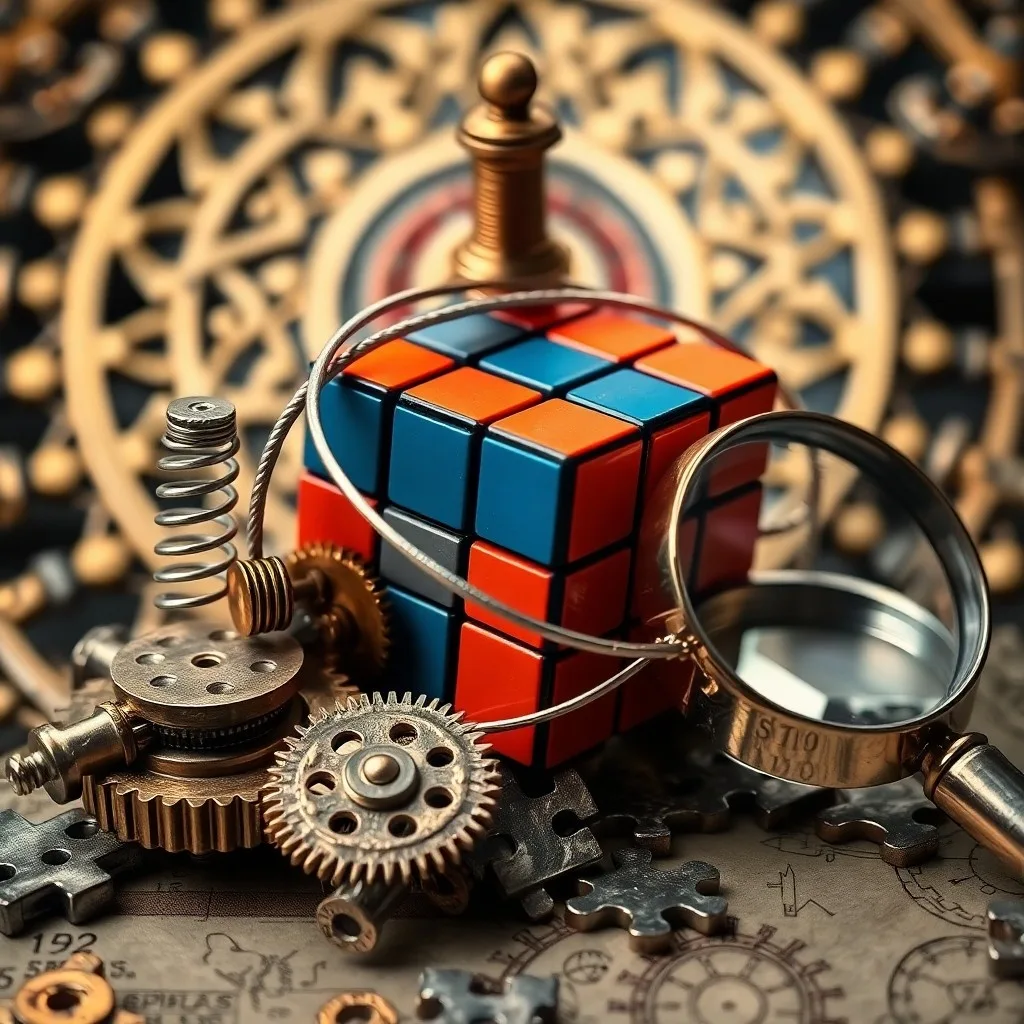 Cinematic still life photography of a vintage abacus, a half-solved Rubik's Cube, and a chameleon figurine on a polished wooden desk, bathed in soft, analytical light.