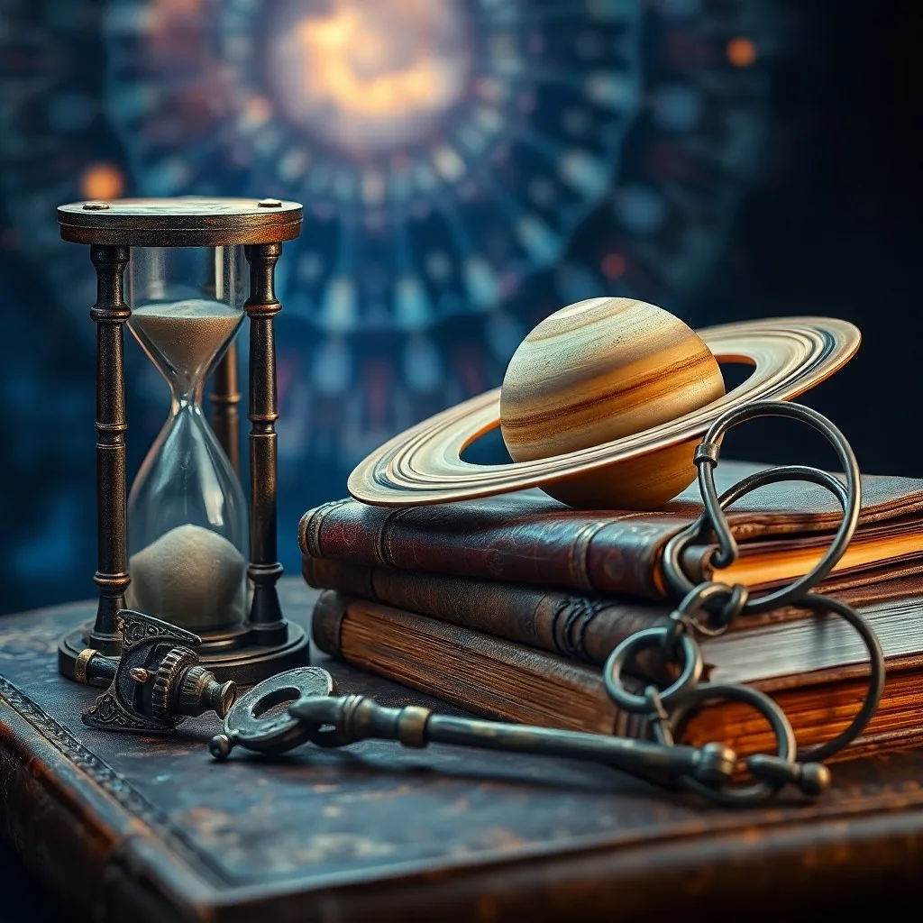 Diario antiguo abierto con un reloj de arena y una piedra pulida, simbolizando la introspección y la transformación.