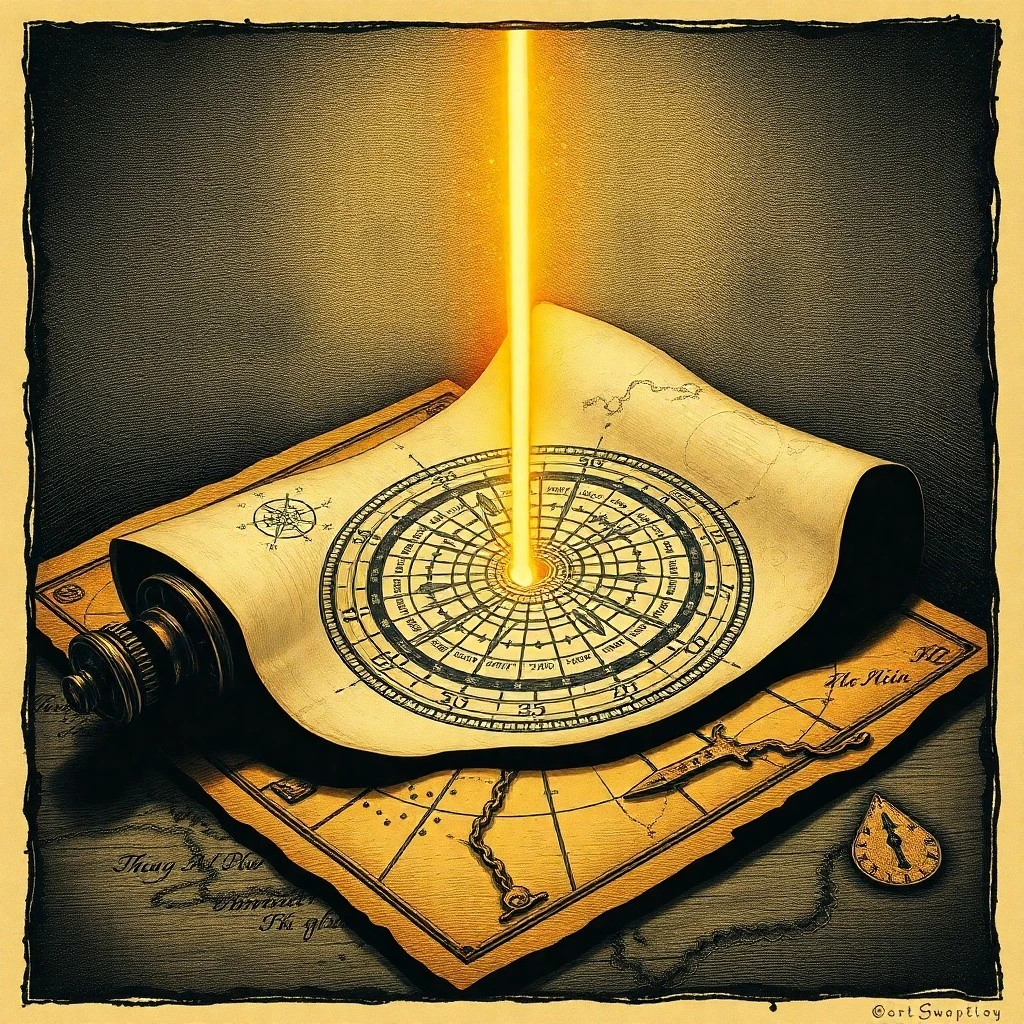 A weathered antique compass on a cosmic map next to a crossroads sign, symbolizing karmic choices and destiny.
