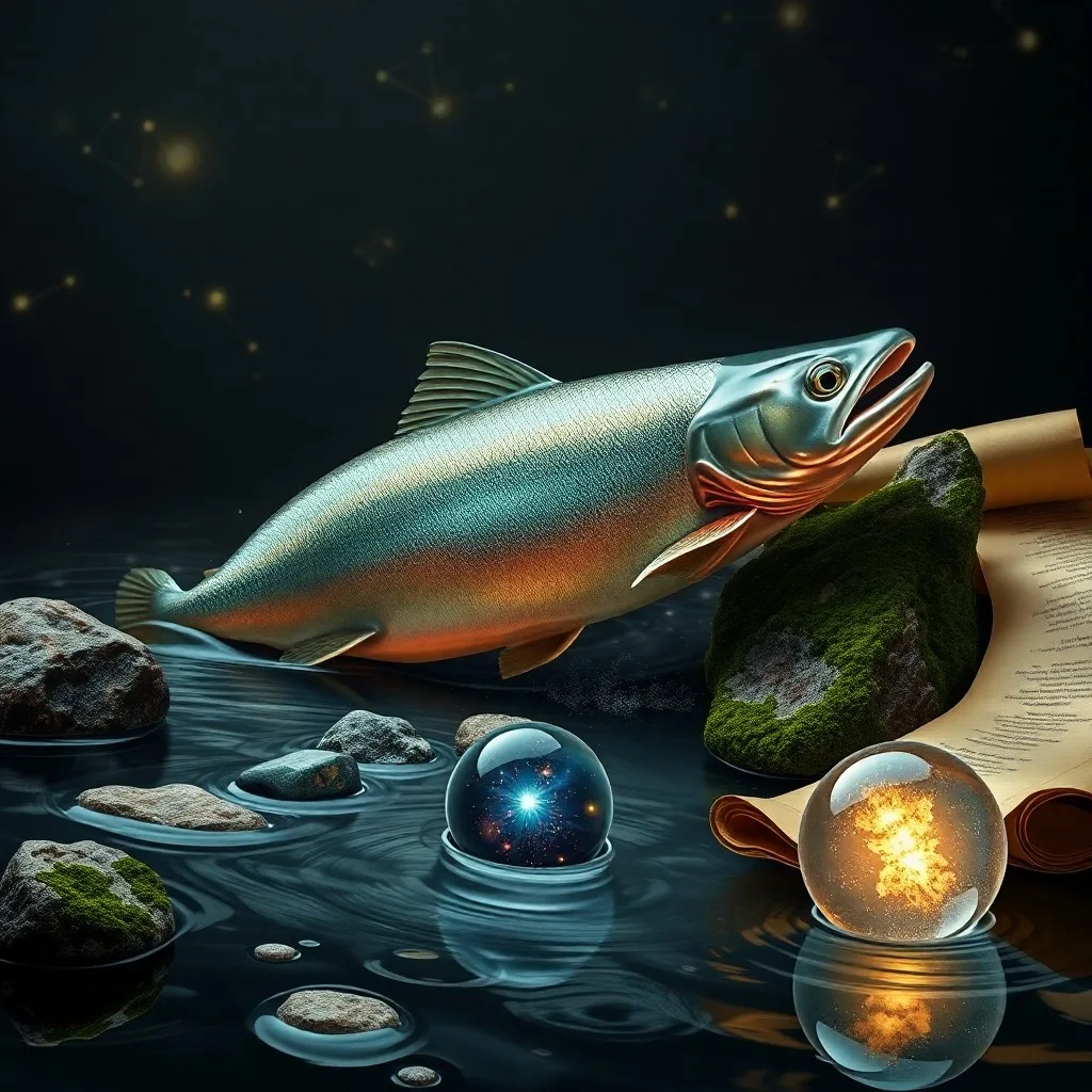 Pintura al óleo de piedras de río en espiral con un motivo de salmón tallado y una cuenta de ámbar, fondo de agua.
