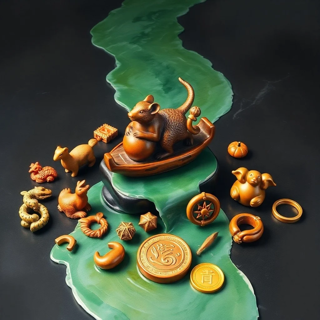Conceptual art of an ancient Chinese scroll revealing a timeline of zodiac animals with intricate brushwork and soft glowing lanterns, symbolizing their journey and historical significance.