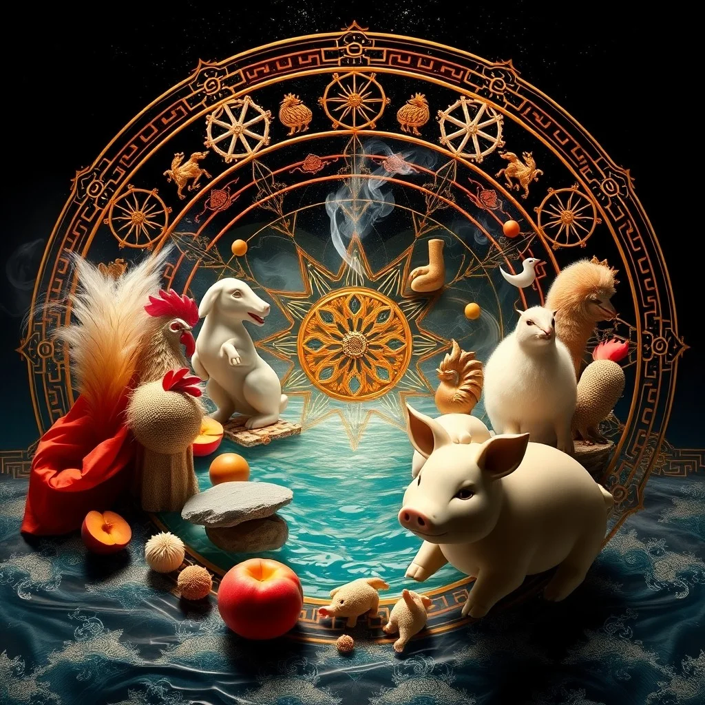 3D isometric render of a mystical, glowing portal surrounded by twelve distinct, stylized animal silhouettes, each radiating a unique color, with ancient temple architecture in the background and an ethereal atmosphere.