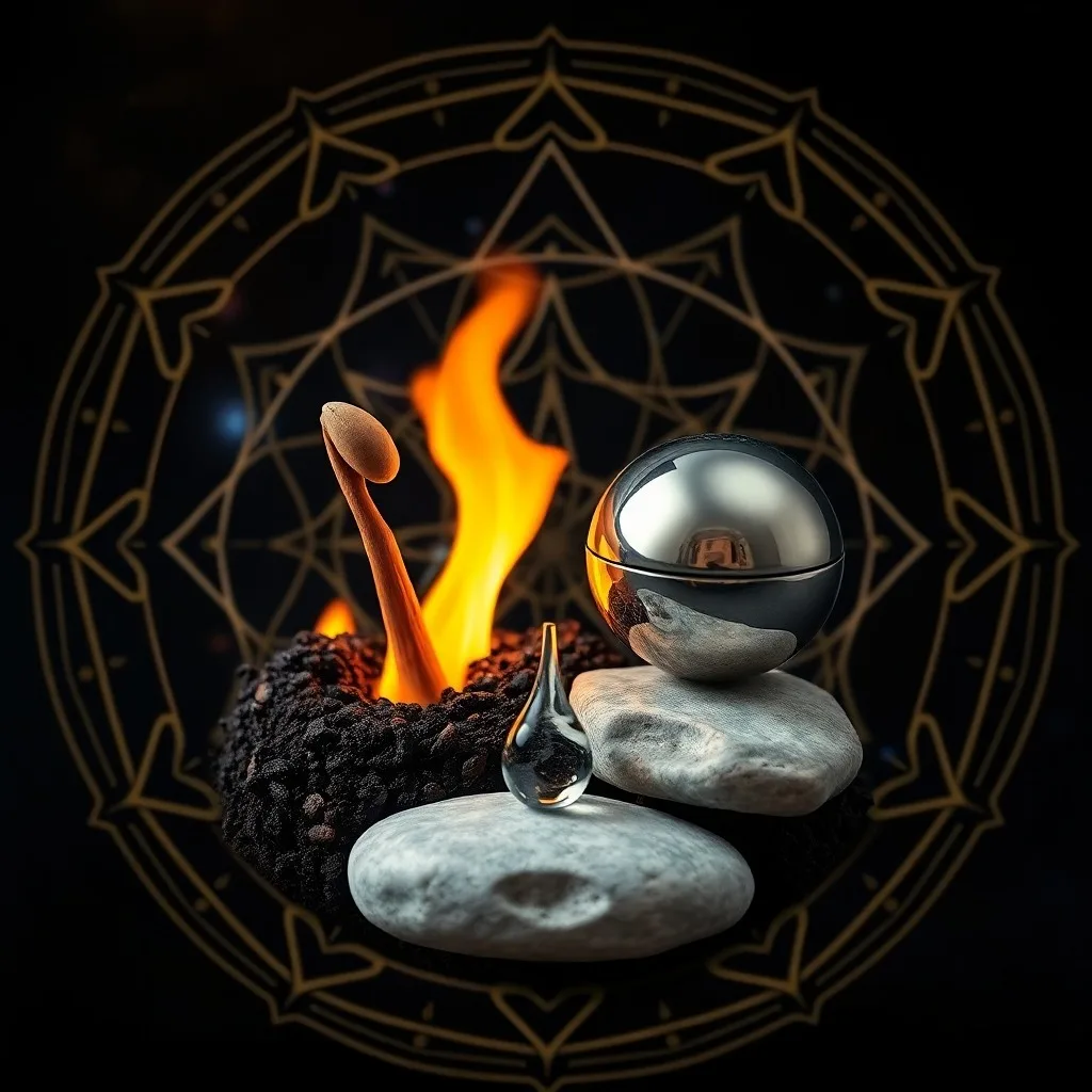 Fotografía de bodegón de una caja de madera antigua, velas, tierra, monedas de plata y agua en un altar de piedra, representando la esencia de los elementos.