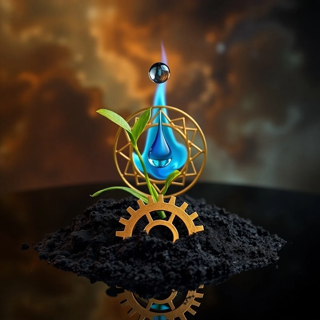 Pintura abstracta en acuarela que representa el flujo dinámico de los ciclos de creación y control de los elementos, con colores que se mezclan y se superponen.