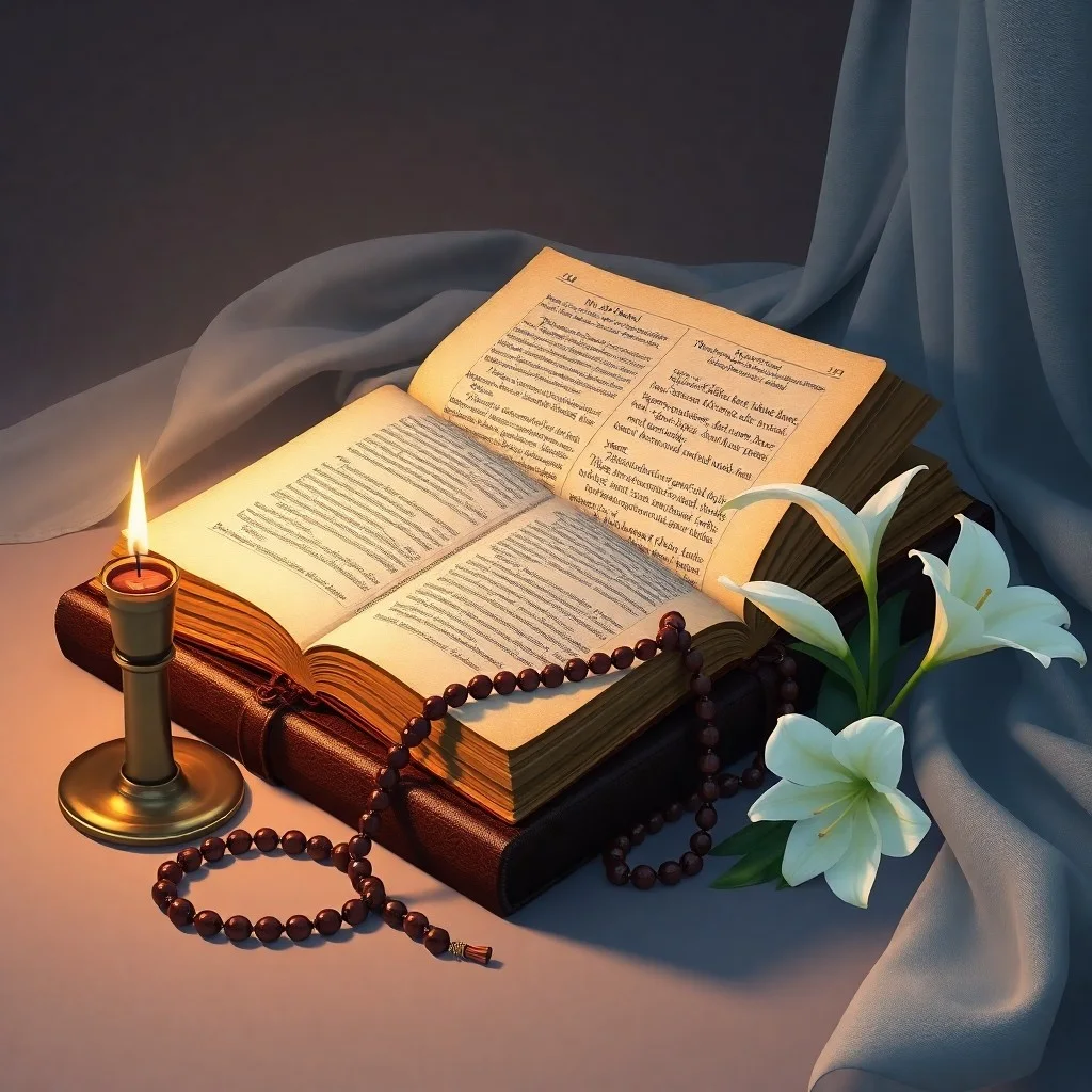 Pintura al óleo de una Biblia, rosario y vela sobre una mesa rústica, evocando devoción y estudio personal.