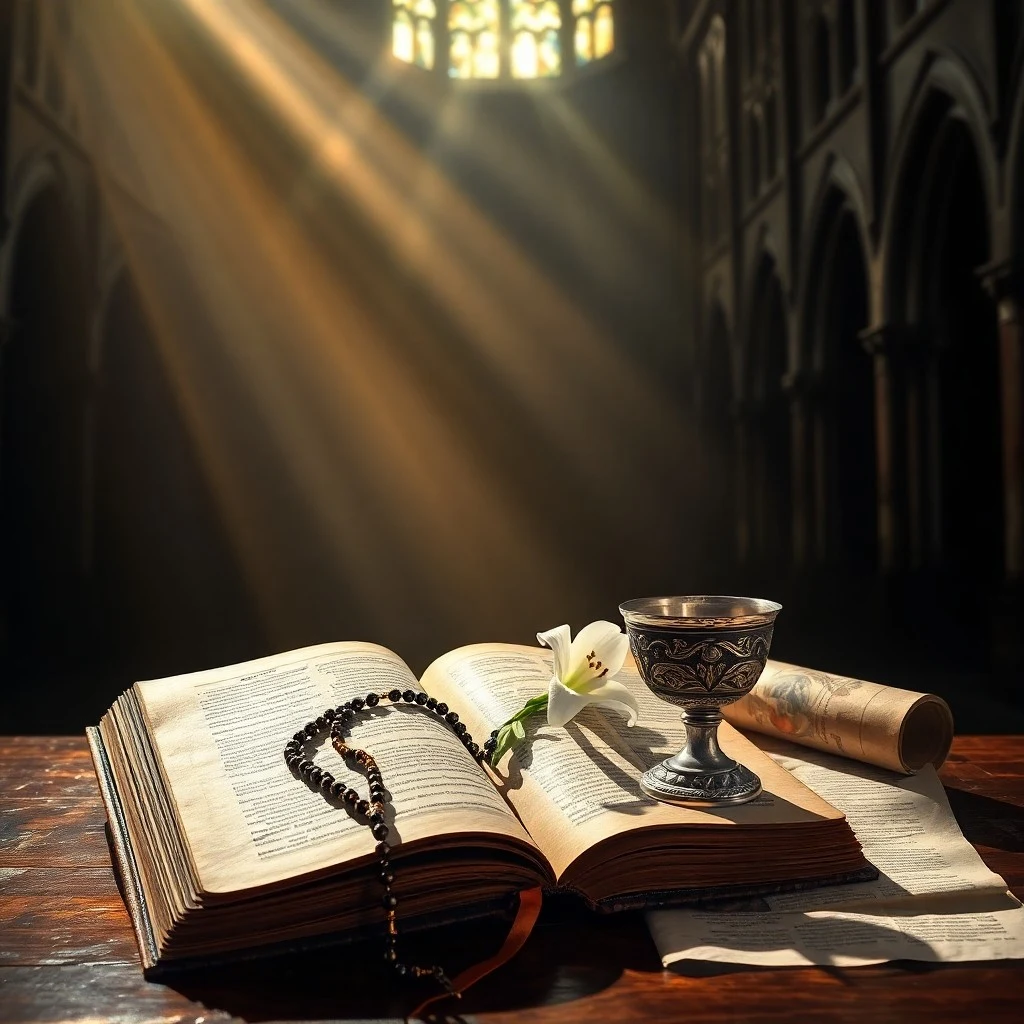 Pintura al óleo de un antiguo libro teológico abierto, con símbolos marianos y escritura latina, iluminado por una luz etérea sobre un altar de madera con un lirio.