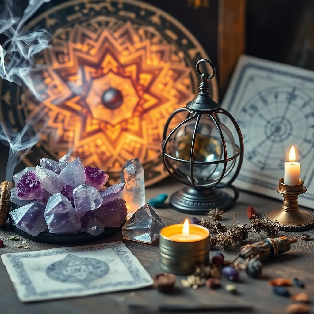 Mesa antigua con cristales protectores, sahumerios y libro esotérico bajo luz dramática.
