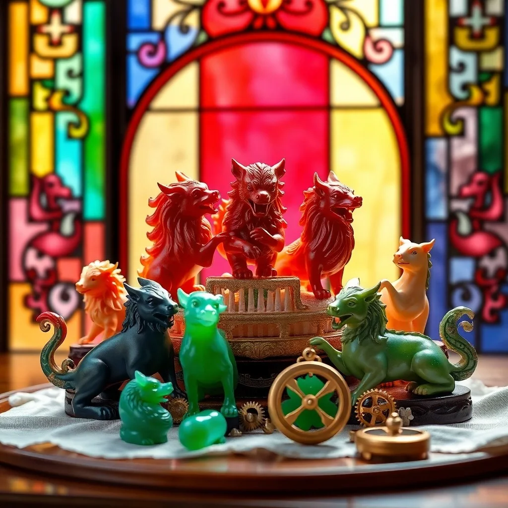 Cinematic still life of an antique wooden desk featuring a vintage abacus, a quill pen, and several intricately carved jade animal figurines, arranged around a partially unrolled blueprint scroll. Soft, directed light emphasizes the textures and details of the objects.
