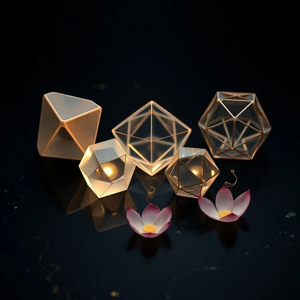 Close-up macro photography of polished crystal Platonic Solids (cube, tetrahedron, octahedron) on an obsidian surface, illuminated by golden light.