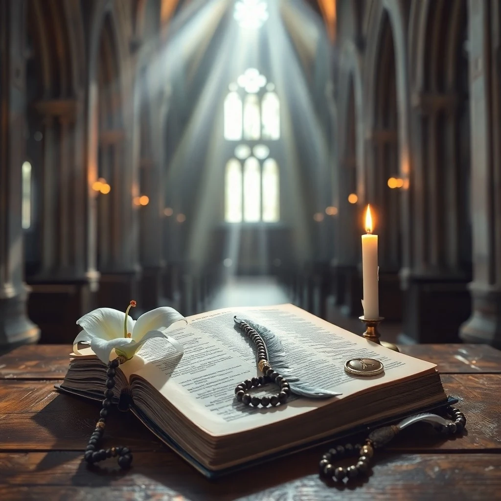 Manos sosteniendo un rosario con un libro de oraciones en acuarela.