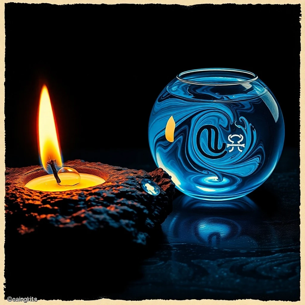 Minimalist sculpture of obsidian and amber representing fire and water