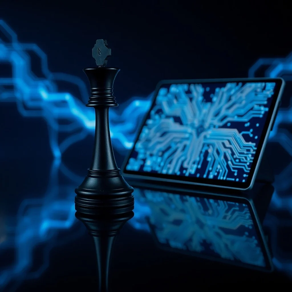 Ilustración 3D de una red de líneas y nodos luminosos convergiendo en un mecanismo de engranaje, con formas abstractas de datos y colaboración, simbolizando la innovación y estrategia digital.