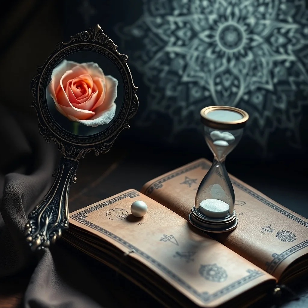 Abstract oil painting of a vintage mirror reflecting a swirling vortex, with old journals suggesting past lessons and karmic records, dimly lit.