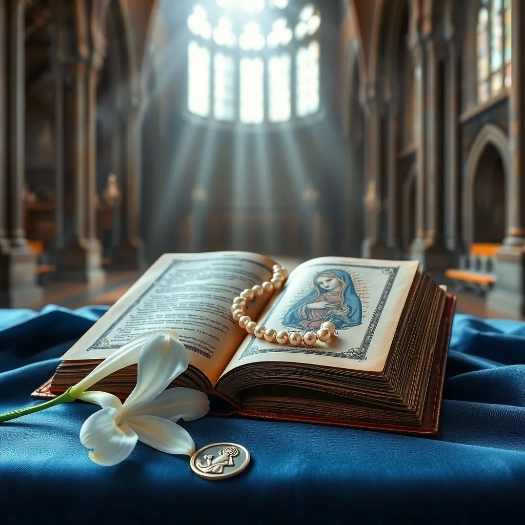 Libro antiguo de devoción mariana en un altar con crucifijo y vela.
