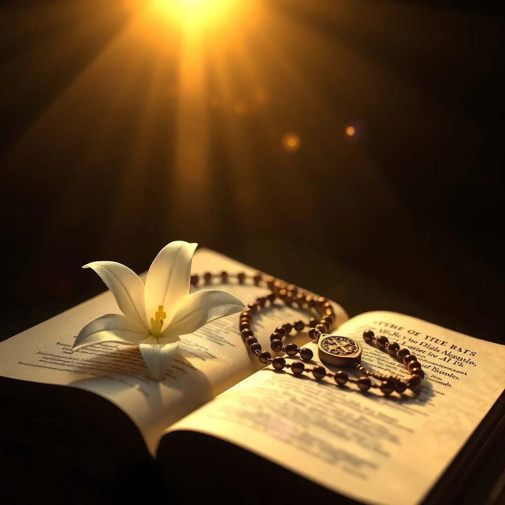 Vórtice de energía sagrada y luz con patrones de oraciones, ascendiendo hacia una luz celestial, representando la gracia divina.