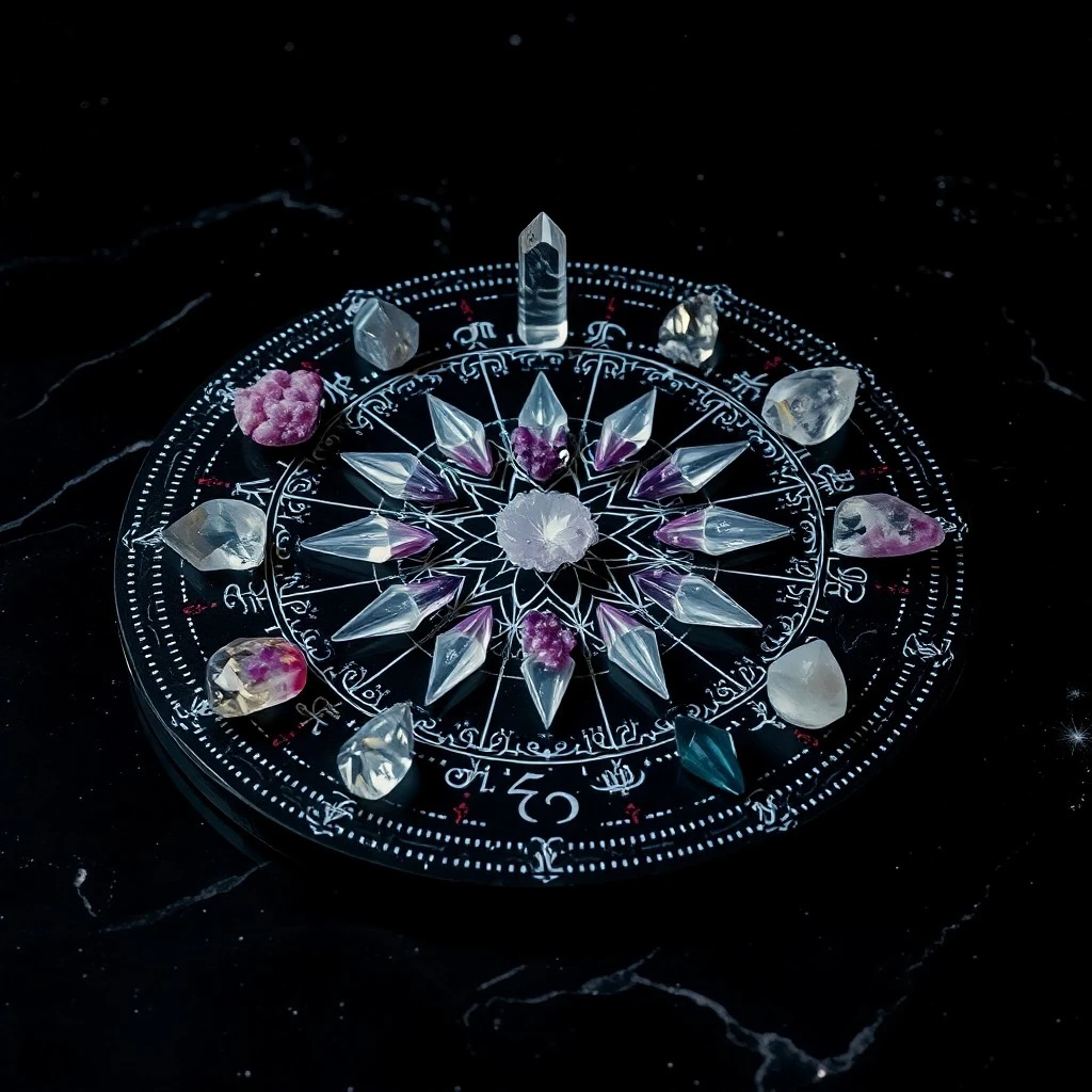 Arte conceptual de un escudo hecho de cristales de obsidiana y turmalina entrelazados, emitiendo un aura protectora sutil.