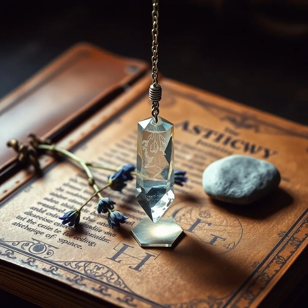 Macro shot of a brass pendulum resting on velvet, next to a journal and candle, symbolizing dowsing tools and preparation.