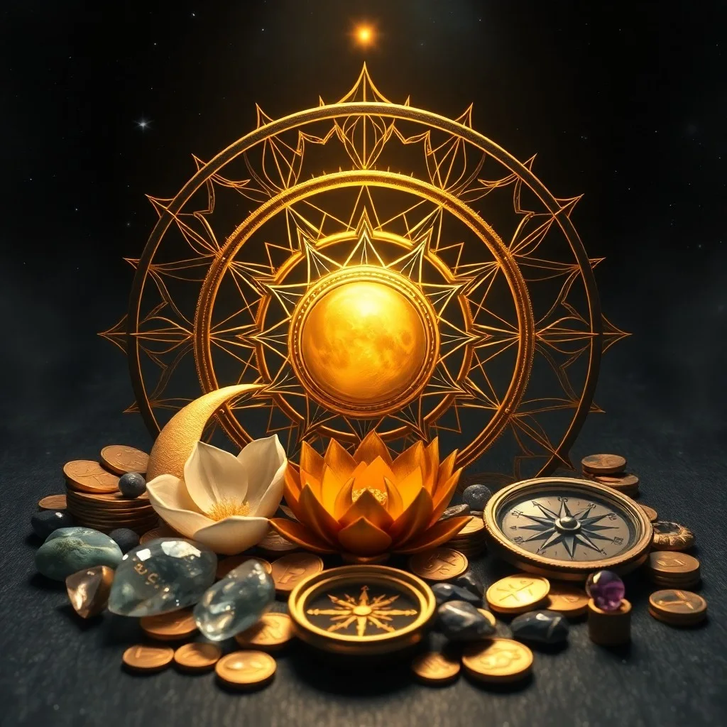 Still-life photograph of an antique brass astrolabe on velvet, surrounded by old parchment scrolls with astrological symbols, illuminated by candlelight.