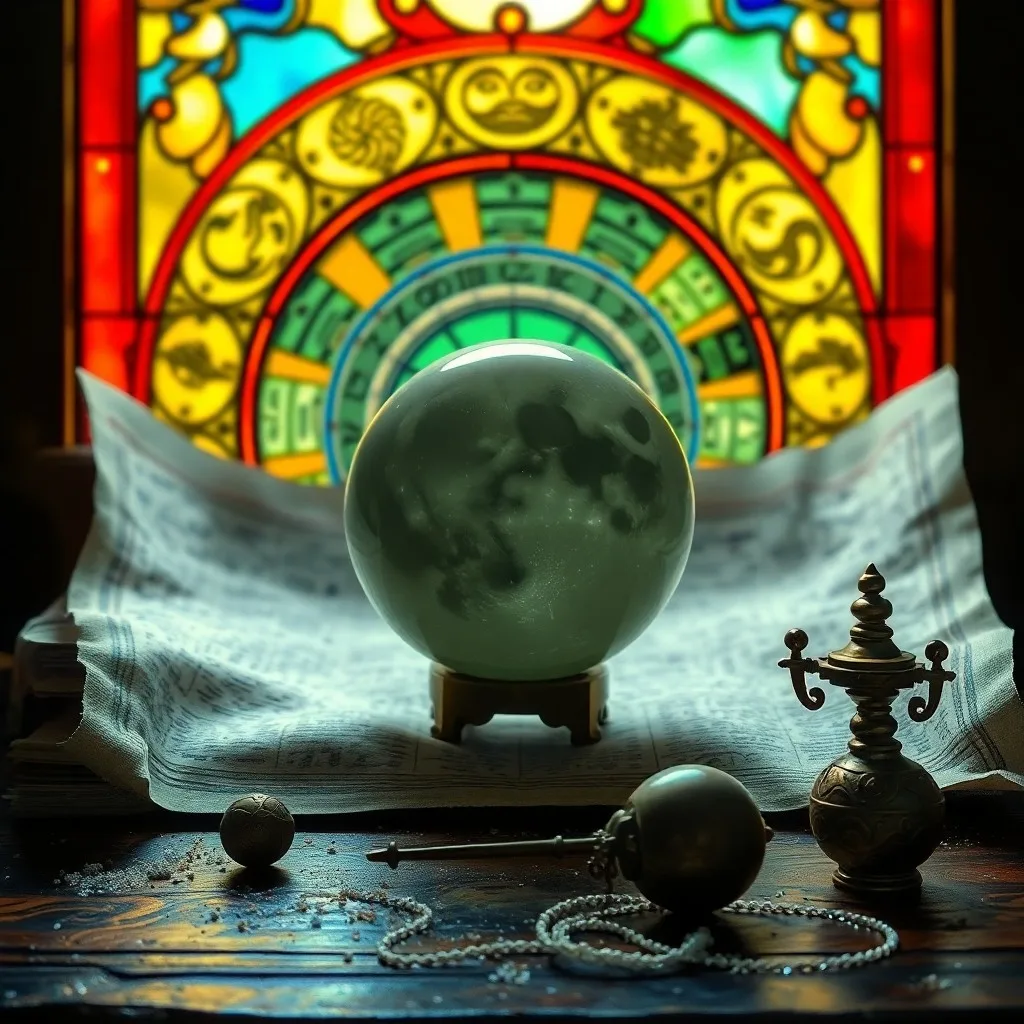 Fotografía cinematográfica de un astrolabio chino antiguo sobre un pergamino de seda, rodeado de pétalos de loto secos y una lámpara de aceite.
