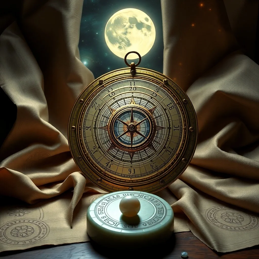 Pintura de acuarela de un paisaje sereno con un ciclo lunar estilizado sobre un jardín chino tradicional.