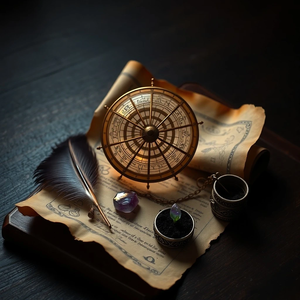Fotografía de bodegón de cristales iridiscentes y un diario de cuero abierto con cartas astrológicas, sobre un escritorio antiguo con herramientas esotéricas.